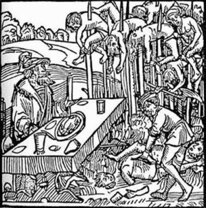 Woodcut from the title page of a 1499 pamphlet published by Markus Ayrer in Nuremberg. It depicts Vlad III the Impaler (identified as Dracole wyade = Draculea voivode) dining among the impaled corpses of his victims.